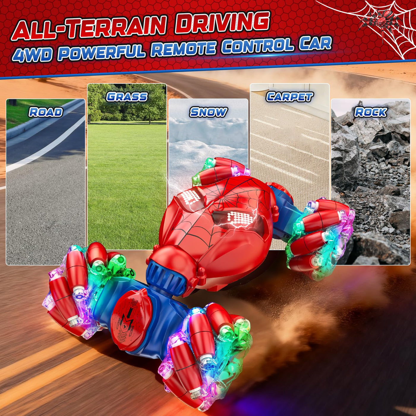 Spider Handsteuerung Ferngesteuertes Auto - 2.4GHz Doppelseitig RC Stunt Auto Spielzeug ab 3 4 5 6 7 8 9 10 Jahre Jungen, 360°Drehung RC Drift Autos mit Licht, Kinder Weihnachten Geburtstag Geschenke