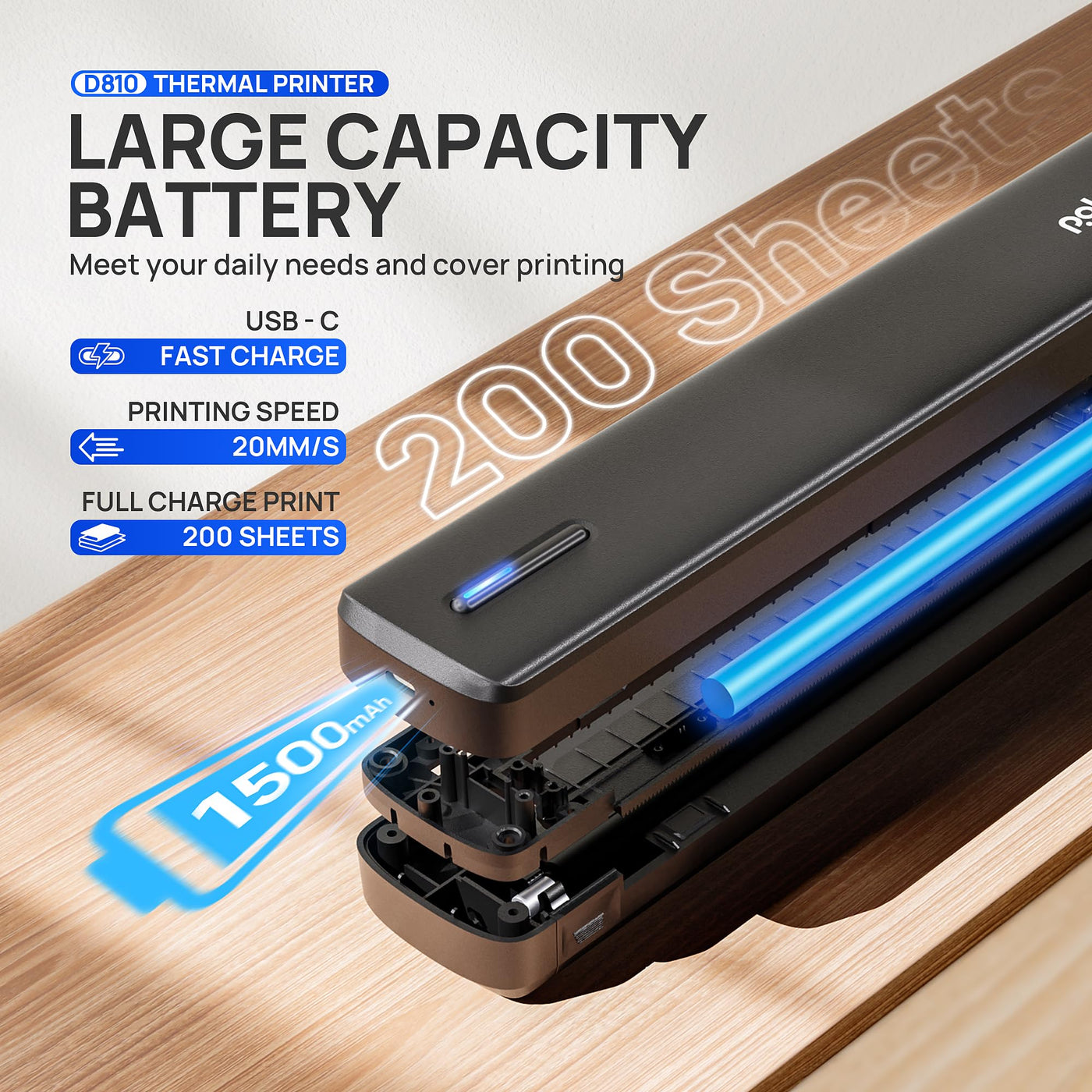 POLONO D810 Thermodrucker A4 Wireless für Reisen, Mobiler Drucker A4 Unterstützung für 8.5"x11" US Brief, Tragbarer drucker Kompatibel mit iOS, Android, Laptop für Büro, Auto, Schwarz