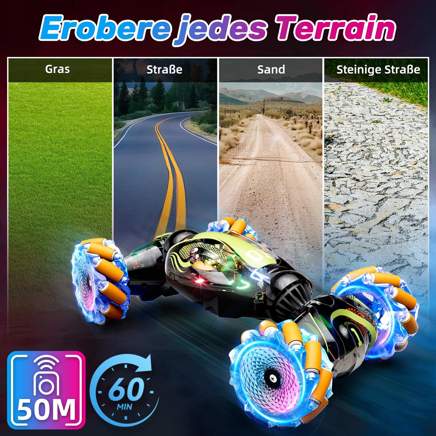 Gigilli Ferngesteuertes Auto mit Gestensteuerung Doppelseitige RC Auto 2,4 GHz 4WD 360° Wiederaufladbar Crawler Lichtern Musik Weihnachten Geschenk Spielzeug für Junge ab 6 7 8 9 10 12 Jahre Orange