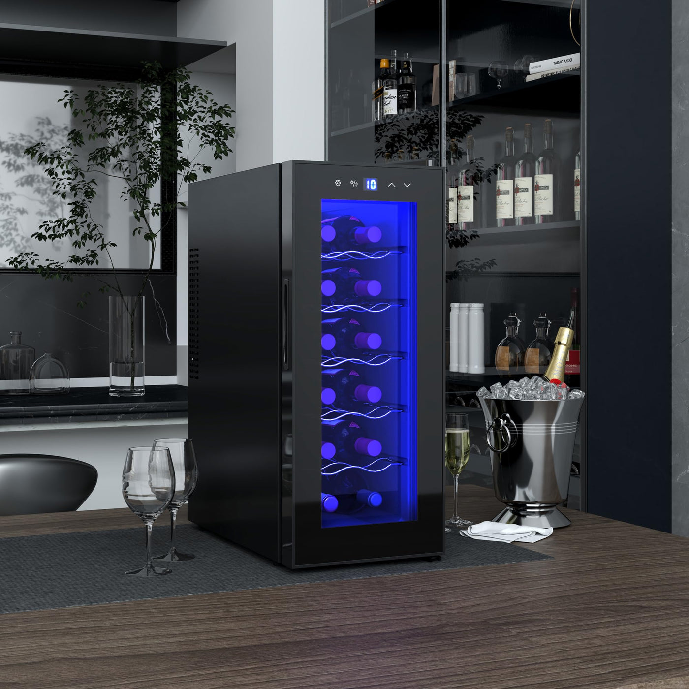 HOMCOM Weinkühlschrank 12 Flaschen 30L 8-18℃ Doppelt Thermoelektrisch Flaschenkühlschrank mit Glastür, Getränkekühlschrank mit LED-Leuchte, Kleiner Weinschrank mit Touch-Screen Schwarz