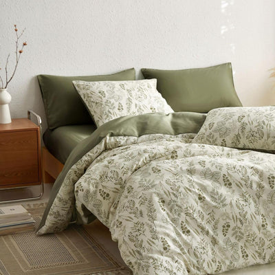 Tospass Blumen Bettwäsche 200x200 cm Olivgrün Weiß Blätter Pflanzen Muster Bettwäsche Set Floral Bettbezug Mikrofaser Wende Bettwäsche 1 Deckenbezug mit Reißverschluss 2 Kissenbezug 80x80 cm