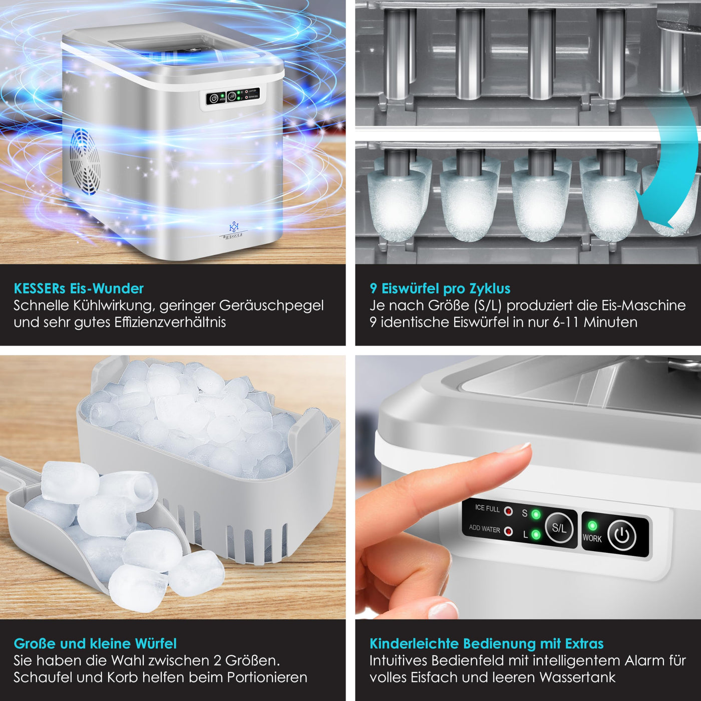 KESSER® Eiswürfelbereiter | Eiswürfelmaschine Edelstahl | Ice Maker | 12 kg 24 h | Zubereitung in 7 min | 2,2 Liter Wassertank | 2 Eiswürfel-Größen | LED-Display | Selbstreinigungsfunktion | Silber