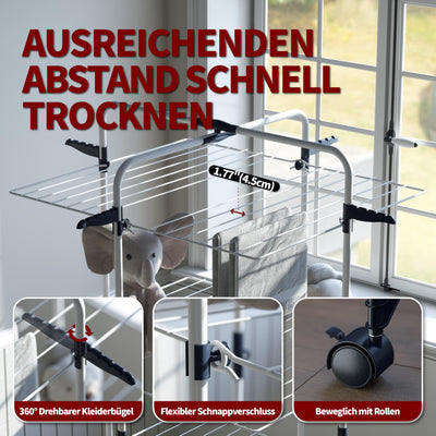 SYKIARIOL Wäscheständer, 3-stufiger zusammenklappbarer Wäscheständer mit Rädern und 4 Haken, für den Innen- und Außenbereich, für Bettwäsche, Kleidung, Socken, Schals Weiß