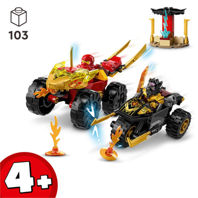 LEGO NINJAGO Verfolgungsjagd Set mit Kais Flitzer und Ras' Motorrad, Spielzeug für Kinder ab 4 Jahren, Ninja-Auto-Spielzeug zum Bauen, Minifigur zum Sammeln 71789