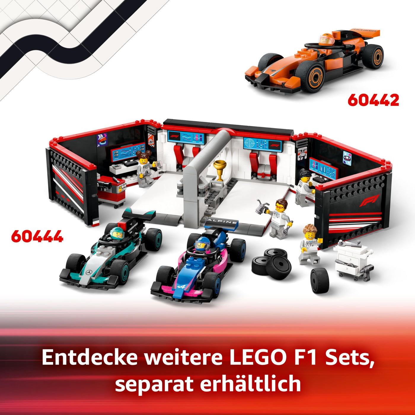 LEGO City F1 Boxenstopp mit Boxencrew und Ferrari Flitzer - Formel 1 Pit Stop Set mit 1 Rennfahrer und 4 Mechaniker Minifiguren - Spielzeug Rennauto für Jungen und Mädchen ab 6 Jahren - 60443