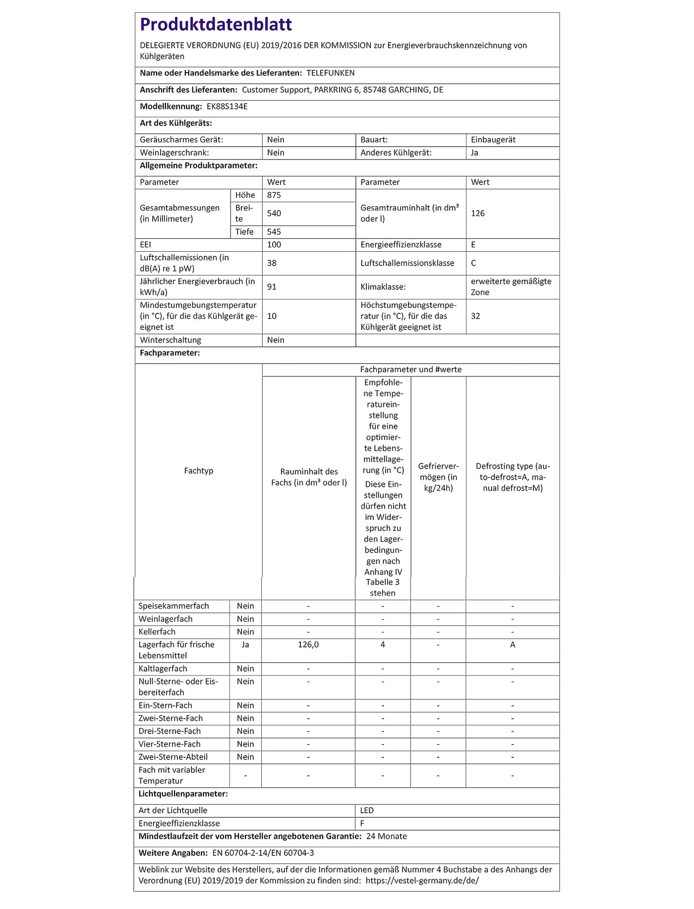 TELEFUNKEN EK88S134E Einbaukühlschrank ohne Gefrierfach | 88cm Nische | Schlepptür-Technik | 126 Liter Nutzinhalt | Temperaturregelung | Weiß