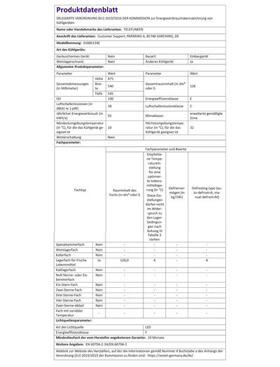 TELEFUNKEN EK88S134E Einbaukühlschrank ohne Gefrierfach | 88cm Nische | Schlepptür-Technik | 126 Liter Nutzinhalt | Temperaturregelung | Weiß