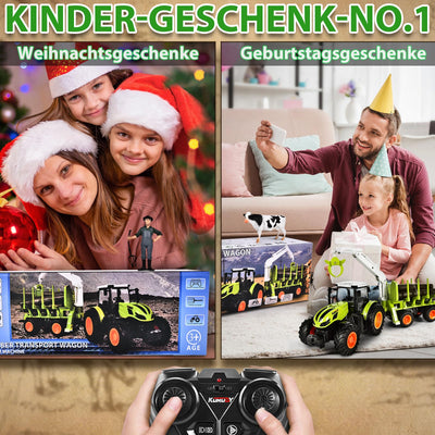 BuzzoXerex Ferngesteuerter Traktor Ferngesteuert, 1:16 RC Traktor mit Anhänger und Licht, 2.4 GHz Traktor Spielzeug mit Baumstämme, Kuh und Heuballen, Geschenk für Kinder ab 3 4 5 6 Jahre