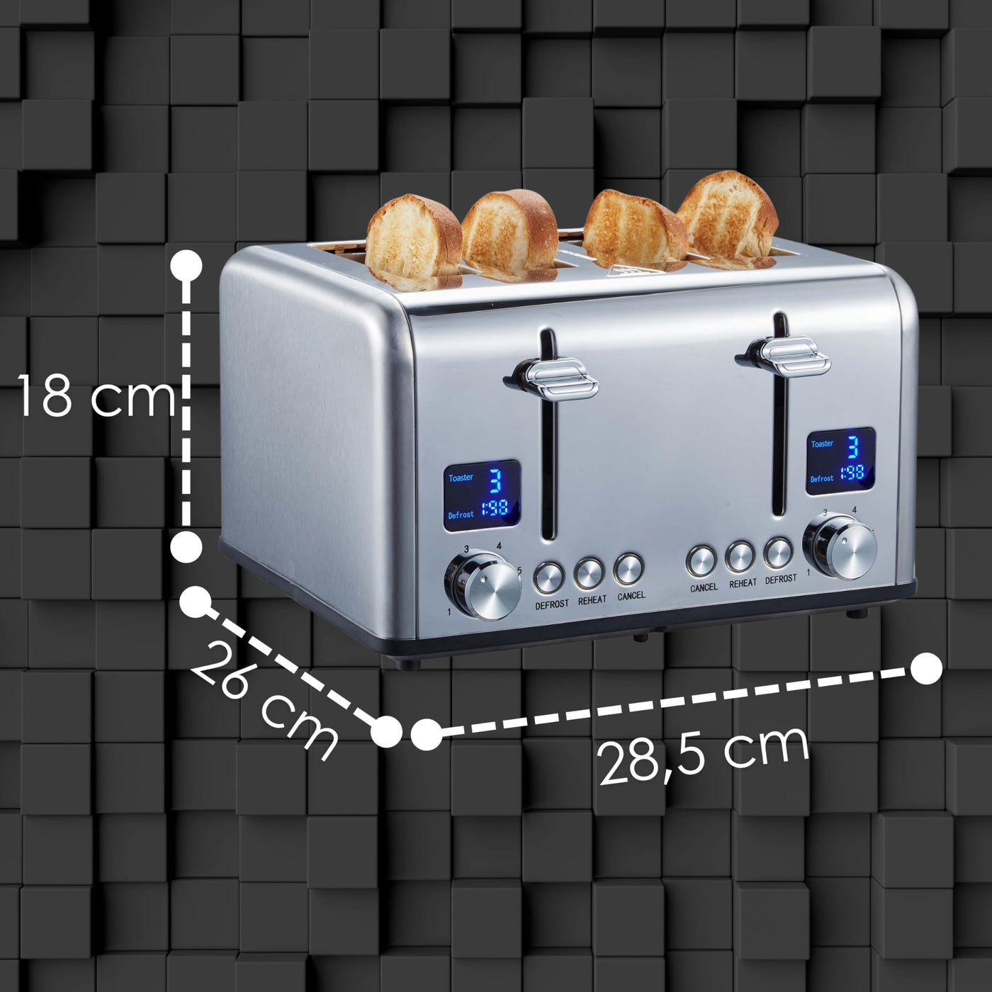 Steinborg Toaster Langschlitz | Digitales Display mit Countdown | Beleuchtete Tasten | 4 Scheiben Toastautomat | XXL Toaster | 1630 Watt | Brötchenaufsatz | Auftau-Funktion | Krümmelschublade |