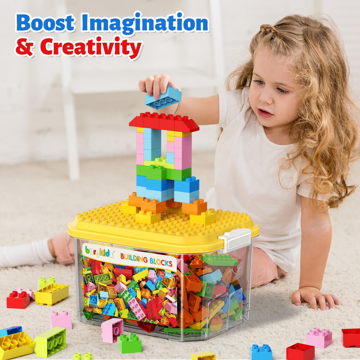 burgkidz Bausteine, 150 Farbenfrohe große Kreative Bauklötze mit Aufbewahrungsbox, die Kinder zum Bauen Anregen Zahlen und Alphabet, Konstruktionsspielzeug für Jungen Mädchen ab 3+ Jahre