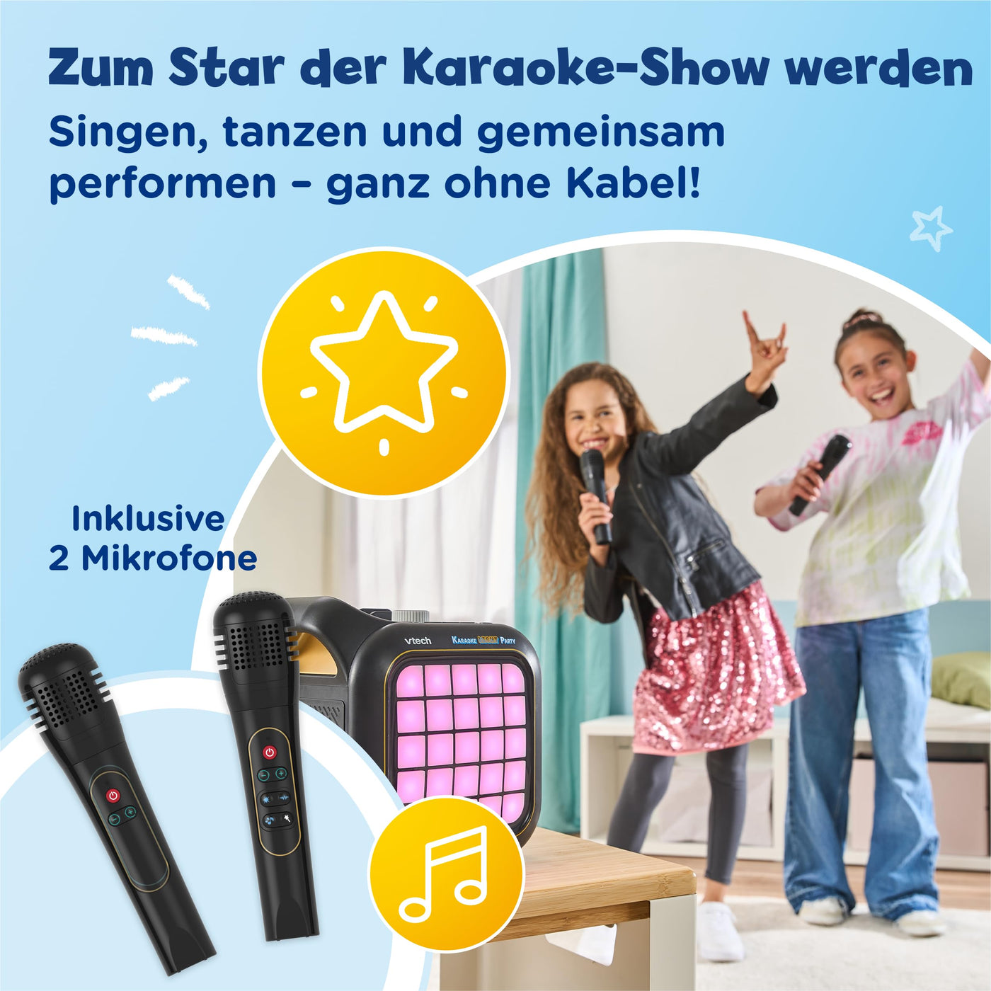 Vtech Karaoke Light Party – Karaokemaschine für Kinder mit 2 kabellosen Mikrofonen, Lichtshow, Bluetooth, 40W Lautsprecher, Spiele & Gesangseffekten