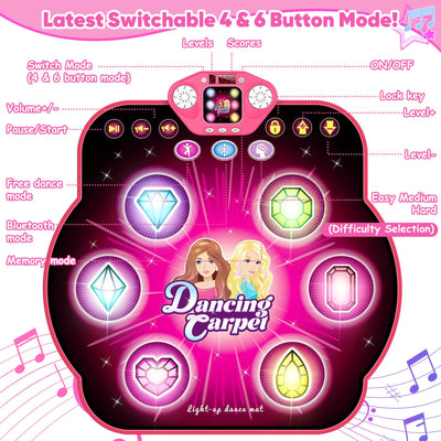 Tanzmatte für Kinder, verbessertes umschaltbares elektronisches Tanzpad mit 4 und 6 Tasten und Bluetooth, 9 Stufen, leuchtende Musikspielmatte für Kinder, Spielzeug für Mädchen Jungen Alter von 3–12