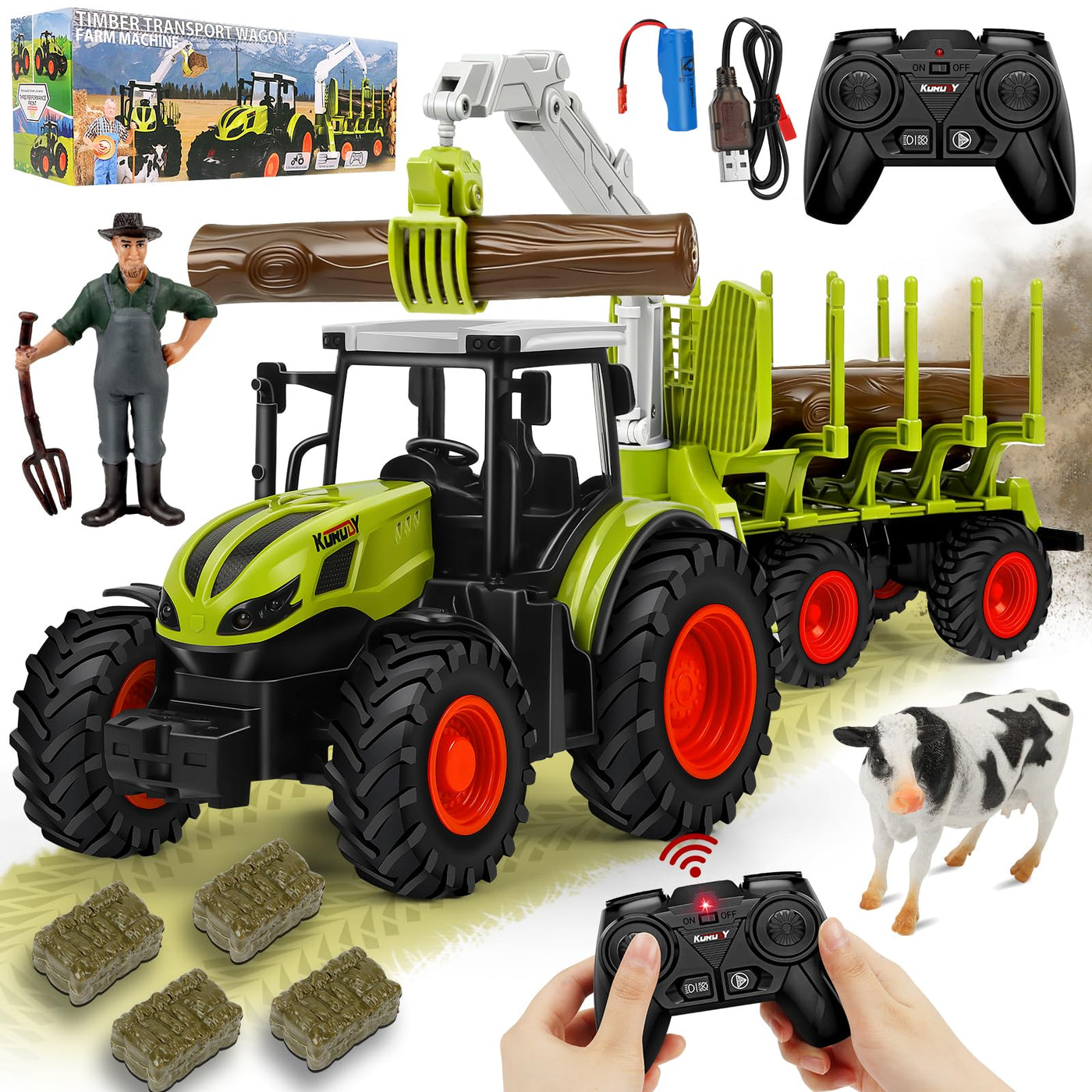 BuzzoXerex Ferngesteuerter Traktor Ferngesteuert, 1:16 RC Traktor mit Anhänger und Licht, 2.4 GHz Traktor Spielzeug mit Baumstämme, Kuh und Heuballen, Geschenk für Kinder ab 3 4 5 6 Jahre