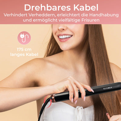 KLAMER Glätteisen 2 in 1,Haarglätter mit Ionen Technologie: weniger Frizz & statische Aufladung, Premium Keramik Beschichtung, 20s Schnellaufheizung, LCD-Display, 160°C -260°C, rosé