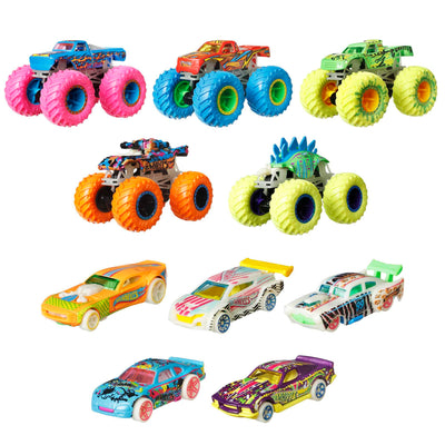 Hot Wheels Monster Trucks - Multipack mit Leuchteffekt im Dunkeln, 10 Fahrzeuge im Maßstab 1:64, 5 Monster Trucks und 5 Fahrzeuge für Sammler und Kinder, HCB57