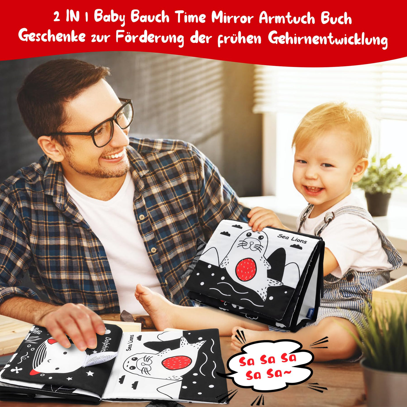 Baby Spiegel Spielzeug - Baby Spielzeug 0-6 Monate Faltbarer Schwarz Weiß Kontrast Babybuch Spiegel Spielzeug Baby Spielzeug ab 3 Monate Neugeborenes Lernspielzeug Spielzeug Geschenk (Black)