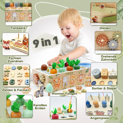 Montessori Spielzeug ab 1 Jahr, Motorikwürfel Aktivitätswürfel aus Holz 9 in 1, Safari Motorikspielzeug Holzspielzeug ab 1 2 3 Jahre, Baby Spielzeug Montessori Geschenk Mädchen Jungen 1 2 3 4 jahre