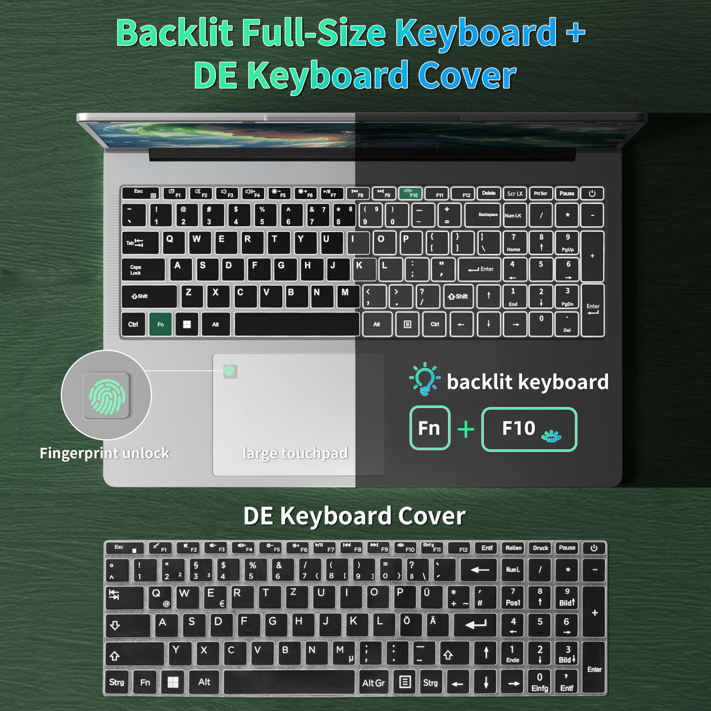 17,3 Zoll Laptop Computer, 16GB RAM, 1TB NVMe SSD, Quad-Core Celeron N5095 CPU(bis 2,9 GHz), FHD IPS Display, Fingerprint Sensor, beleuchtete Tastatur, HDMI, WiFi, BT, 3X USB 3.0, Silber Notebook