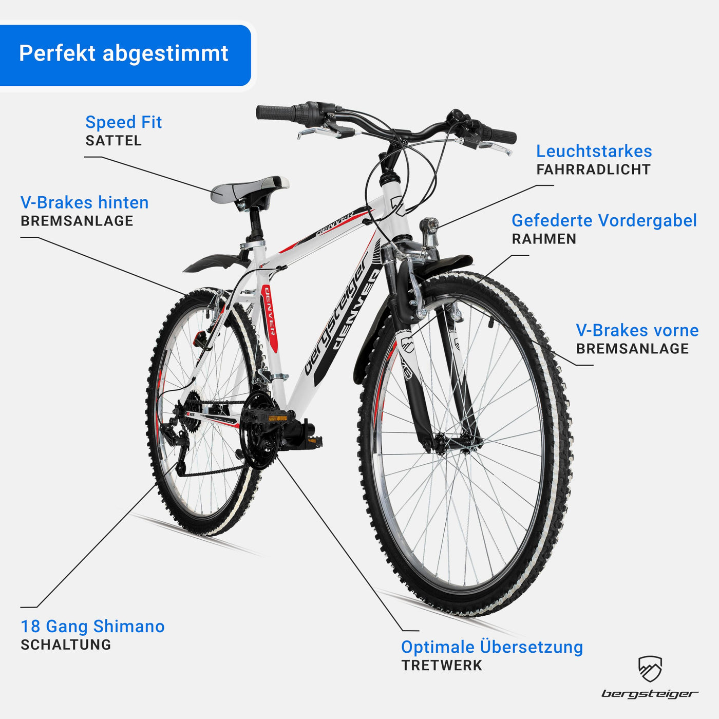 Bergsteiger Denver 26 Zoll Mountainbike, geeignet ab 155 cm, 18 Gang-Schaltung, Licht, Schutzblech, Gabel-Federung