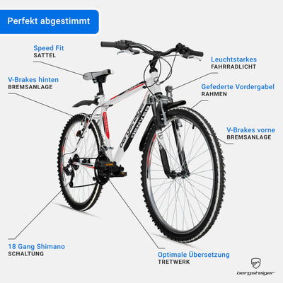 Bergsteiger Denver 26 Zoll Mountainbike, geeignet ab 155 cm, 18 Gang-Schaltung, Licht, Schutzblech, Gabel-Federung