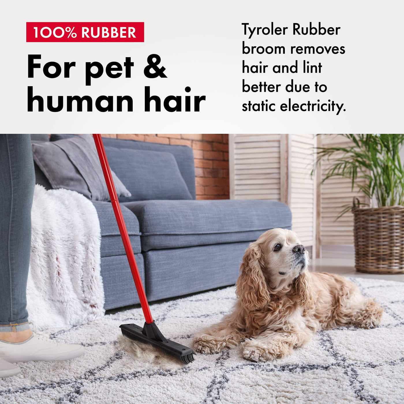 Tyroler Gummibesen & Bodenabzieher | Kehrbesen-Kopf aus 100% Naturkautschuk 33 cm | Besen mit Stiel und 140 cm Anti-Rost-Griff | Gummibesen mit Abzieher | Gummibesen mit Stiel | Gummibesen Tierhaare