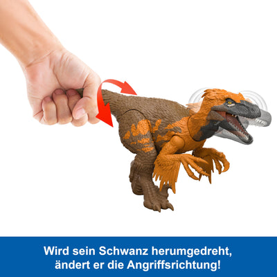 Mattel Jurassic World: Die Wiedergeburt Wild Roar Utahraptor Dinosaurierspielzeug mit steuerbarem Beiß-Angriff in mehrere Richtungen und Brüllgeräusch, beweglich, Spielmöglichkeiten, JGC80