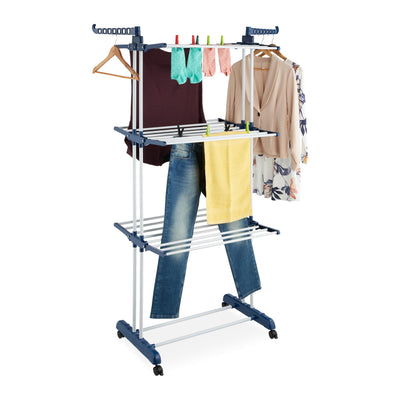 Relaxdays Wäscheständer, ausklappbare Flügel, HBT: 179 x 126 x 63,5 cm, Metall, rollbarer Turmwäscheständer, weiß/blau