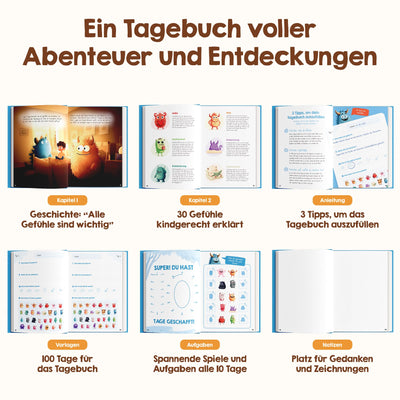 Edubini Gefühlstagebuch Kinder [6-12 Jahre] - Tagebuch Mädchen & Jungs - Gefühle Buch für Umgang mit Emotionen und ein gutes Gefühl, Dankbarkeitstagebuch für Kinder (inkl. 10 Spiele) (blau)