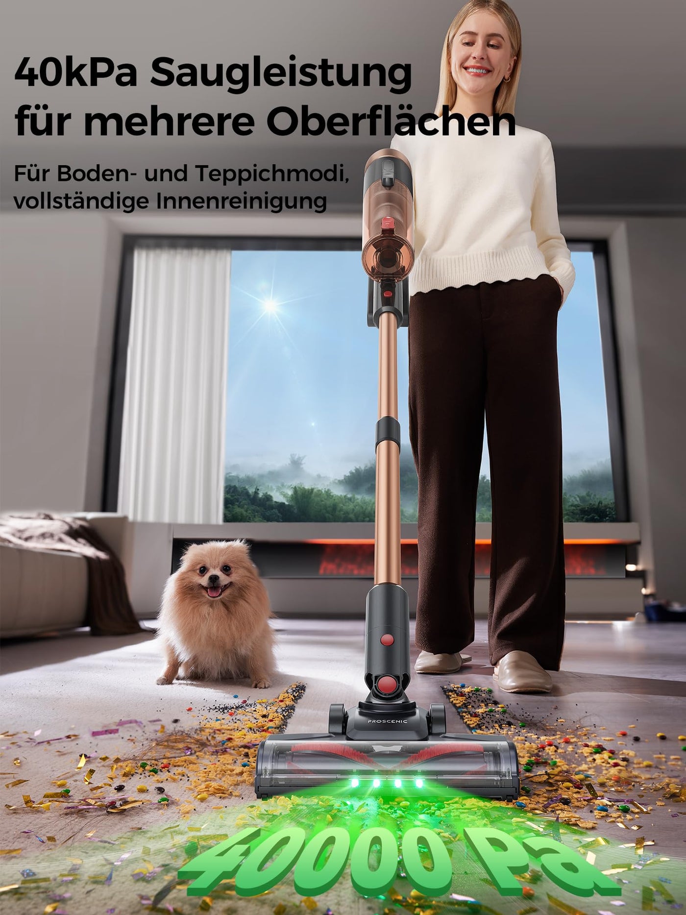 Proscenic P11 Ultra Staubsauger Kabellos, Leichter Selbststehend 40Kpa 40Min Akku Staubsauger mit Touchscreen Grün Licht Anti-Tangle, Stielstaubsauger für Teppich Hartböden Vorhang Auto Haustierhaare