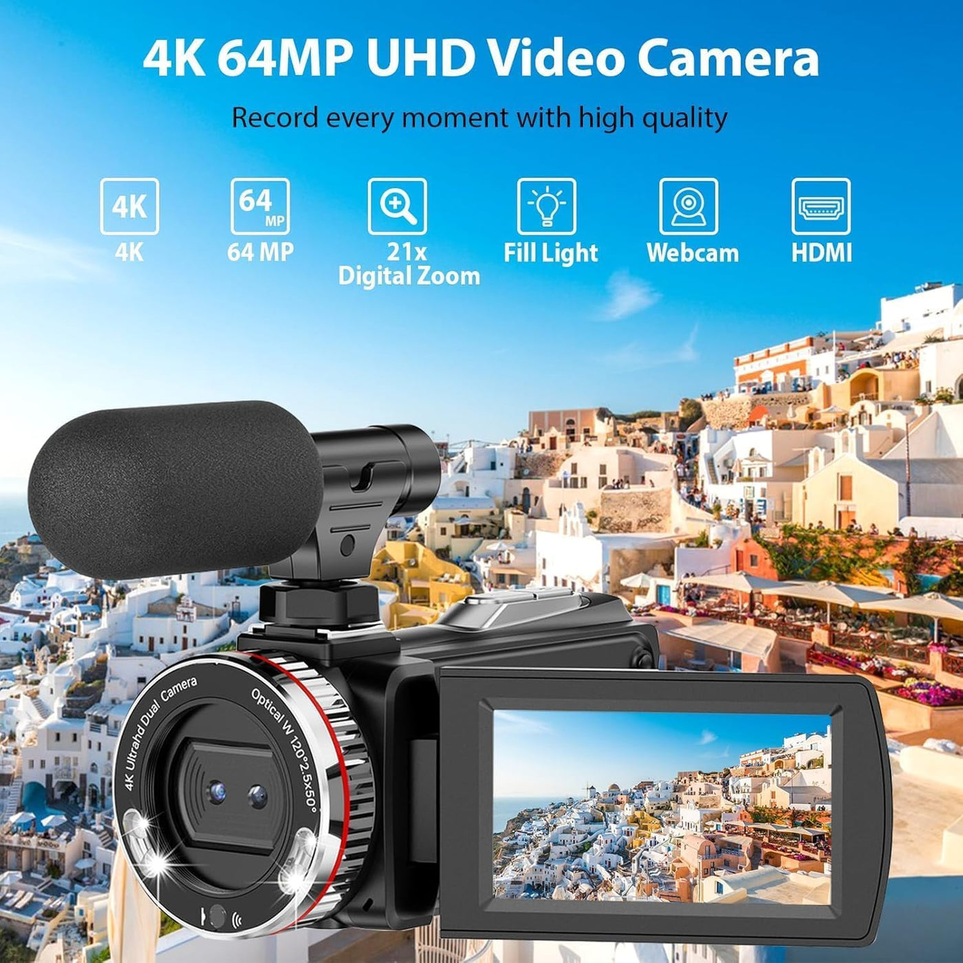 ZIMOCE Videokamera 4K Camcorder, 21X Digital Zoom Vlogging Kamera, 64MP Vlog Kamera für YouTube, 3.0'' 270°Drehbarer Screen Camcorder 4K mit 64 GB Karte, Externem Mikrofon, 2 Batterien