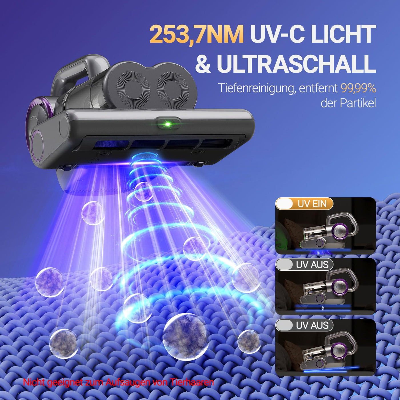 FEPPO Milbensauger für Matratzen, 16Kpa Matratzensauger mit 253,7nm UV-C-Licht, 140°F Wärme, HEPA-Filter & Ultraschall, Vielseitiger Milbenstaubsauger für Bett, Sofa, Kinderbett (Kabelgebunden, 500W)