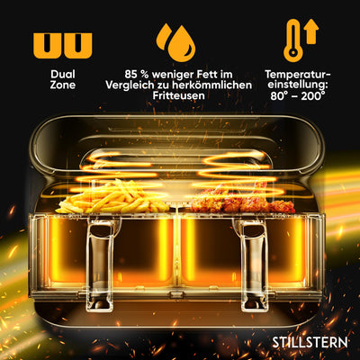 Stillstern Dual Zone Heißluftfritteuse 8L [für 1-8 Pers], 2400W, NEU: HeatingFlow Technologie, 80-200°C, Shake-Funktion, 120 Rezepte [DEUTSCH], 8 Programme, Dörren, Auftauen&Warmhalten, Air Fryer