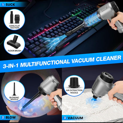 VEUWOLM Handstaubsauger, 12000Pa Handstaubsauger Akku, 3 in 1 Auto Staubsauger Staubgebläse Druckluft Handsauger, USB Wiederaufladbarer Mini Staubsauger, Tastatursauger für Auto, Haus, Büro, Silber