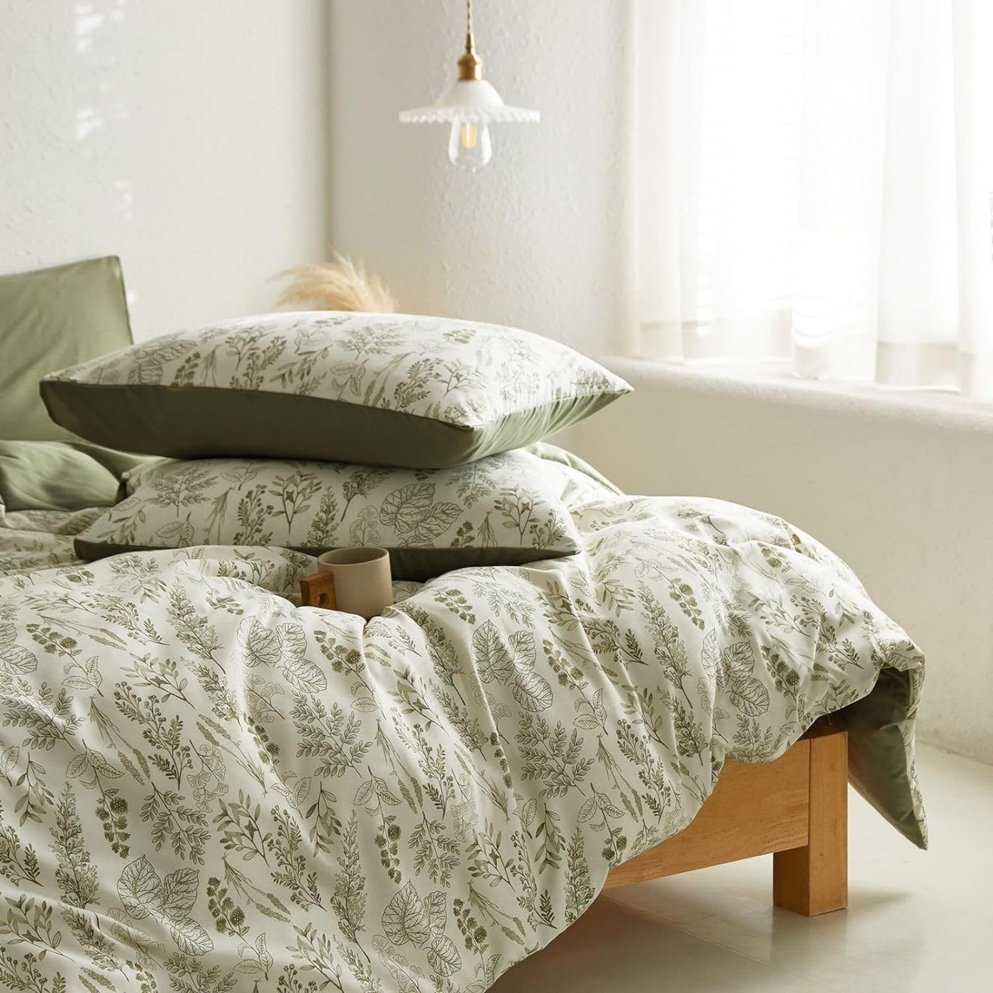 Tospass Blumen Bettwäsche 200x200 cm Olivgrün Weiß Blätter Pflanzen Muster Bettwäsche Set Floral Bettbezug Mikrofaser Wende Bettwäsche 1 Deckenbezug mit Reißverschluss 2 Kissenbezug 80x80 cm