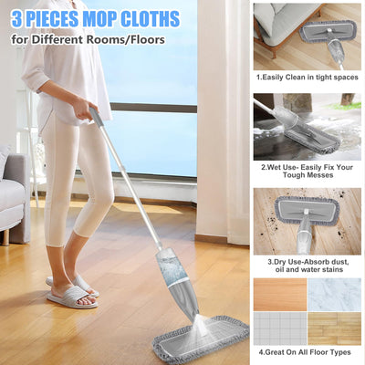 Wischmopp mit Sprühfunktion – EXEGO Bodenwischer mit Sprühmopp Spray Mop Floor Mop mit 3X Wischpads Staubwischer Nasswischer für Schnelle Reinigung Hartholz, Marmor, Holz, Laminat, Fliesen