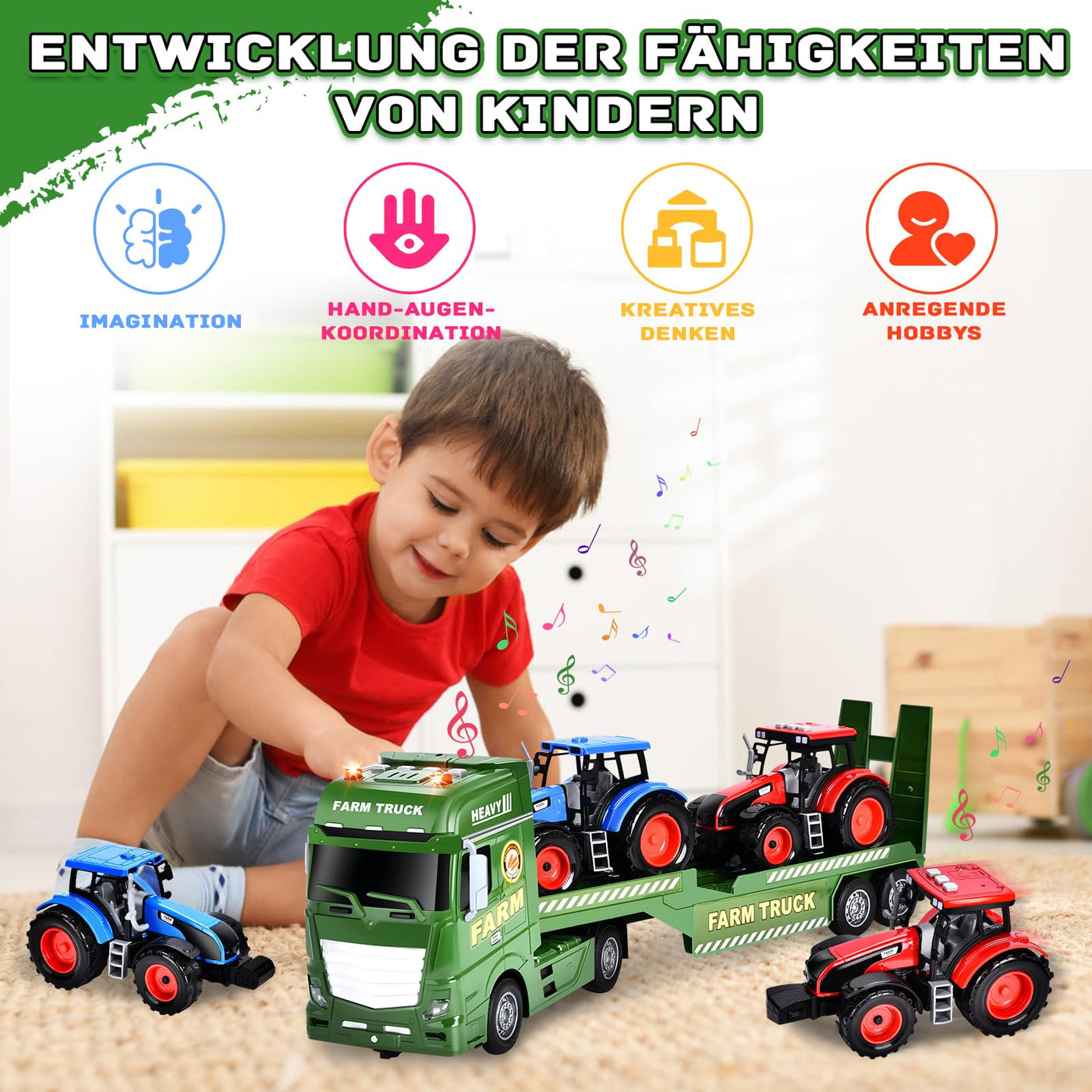 Herefun Bauernhof Lastwagen Spielzeug, Großer Bauernhof Traktor, Anhänger Spielzeug mit Traktor, Groß Transporter LKW, Geschenk für Kinder 3, 4, 5, 6+ Jahren