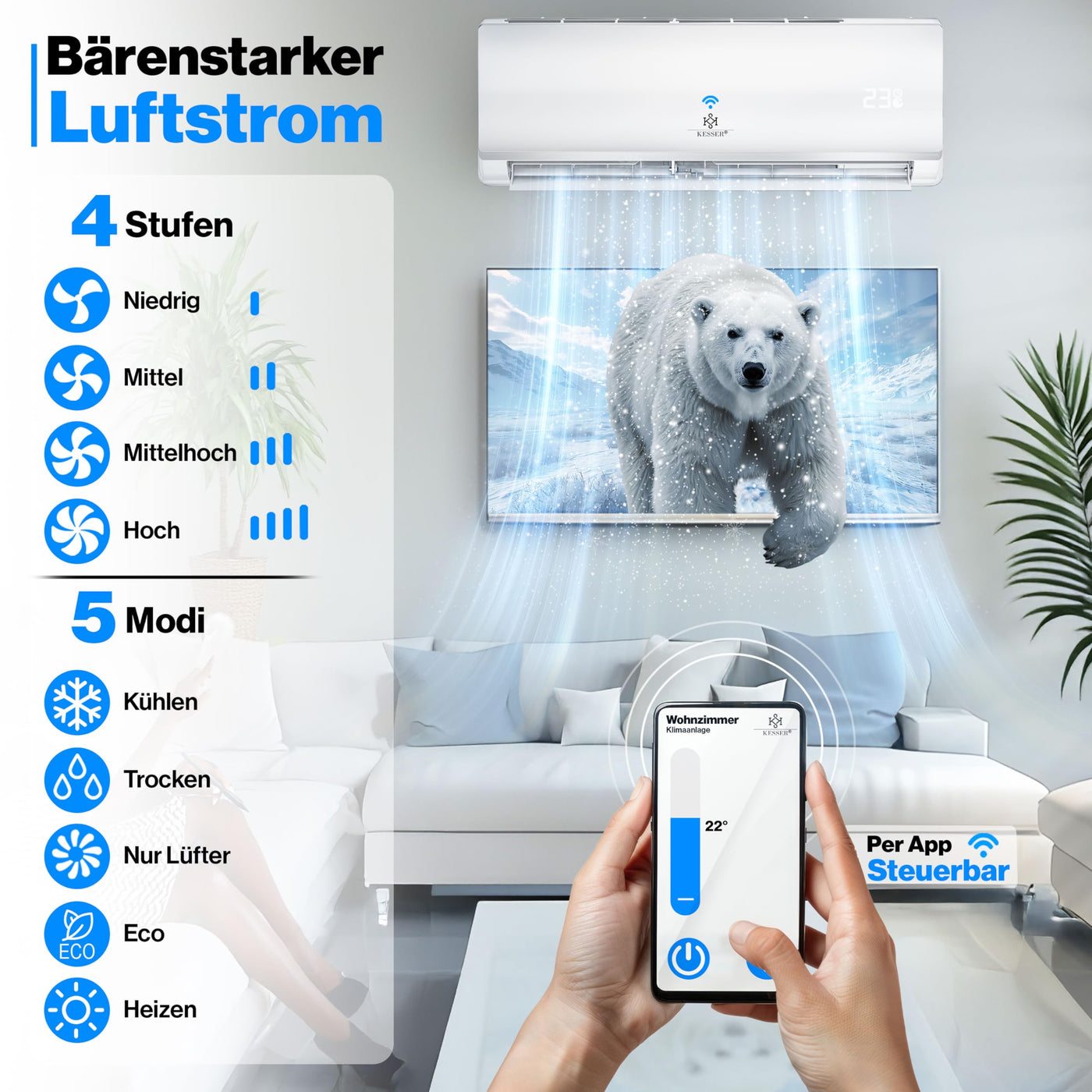 KESSER® Klimaanlage Set Split - mit WiFi/App Funktion Klimagerät - Kühlen A++/ Heizen A+ -12000 BTU/h (3.400 Watt) Kältemittel R32 - Fernbedienung, Timerfunktion - Inkl. komplettem Montagematerial