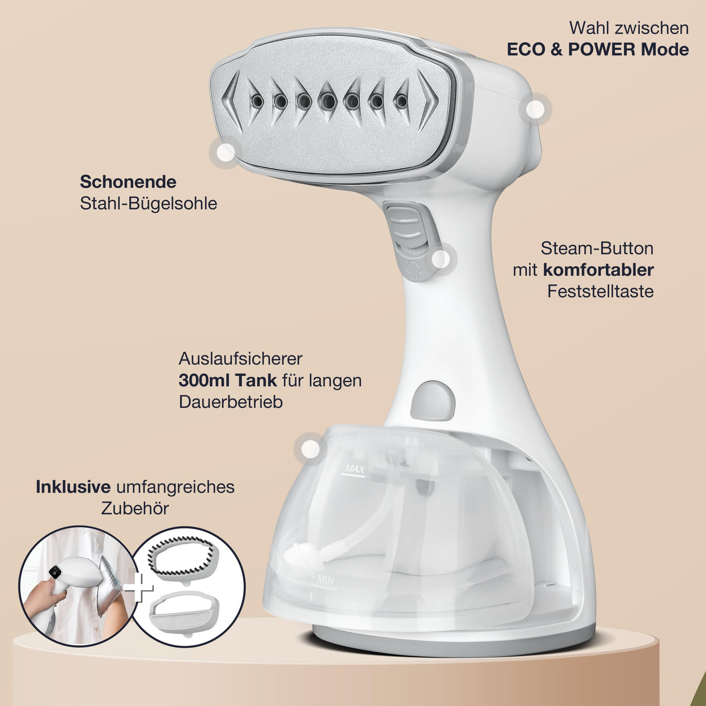 LEBENLANG Steamer Dampfglätter TESTSIEGER - 1500W & 300ml inkl. Bügelhandschuh & Aufsätze I Pro Dampfsteamer für Kleidung & Clothing I Dampfbügeleisen Stiemer Bügeleisen for Hand held steam iron & go