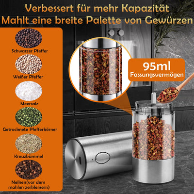 MILFECH Salz und Pfeffermühlen Elektrische Rostfreie Stähle 2er Set, Mit transparentem Aufbewahrungsboden, kleinem Pinsel und kleinem Holzlöffel (Silber), KYMQ-32A-H52-BS-BXG