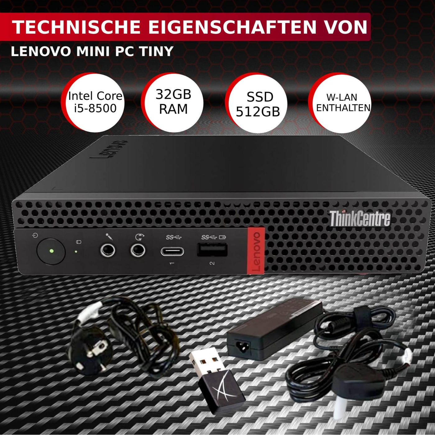 Lenovo Mini-PC ThinkCentre Core Full | Core i5 bis 3,50 GHz | RAM 32GB | NVMe SSD 512 GB WLAN | USB-C | Win 11 Professional Office 2021 36 Monate Garantie (erneuert)