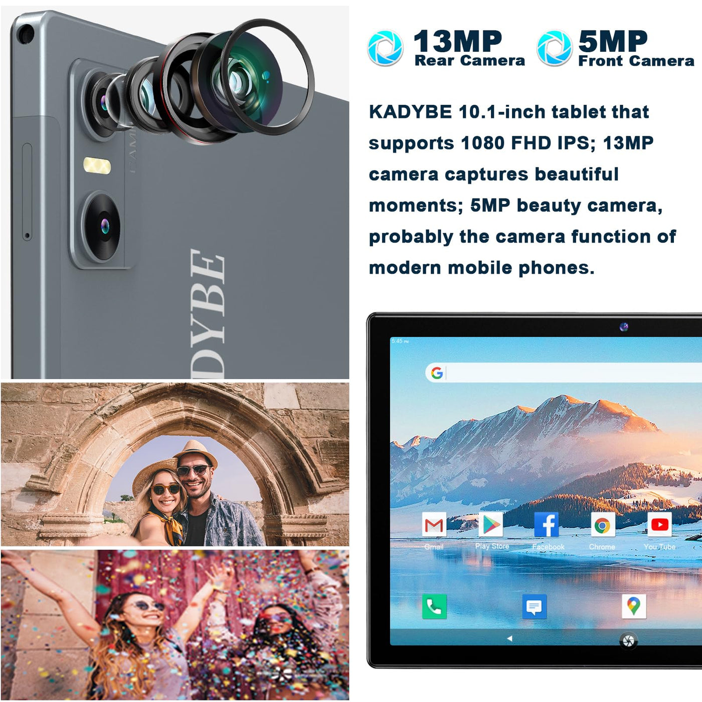 KADYBE Android 14 Tablet 10 Zoll, 64GB ROM (1TB TF),Tablet mit Tastatur Maus Stift, WLAN 6 Tablett PC | Octa-Core | Google GMS | 5+13 MP | 7000 mAh | 1080FHD | GPS- Grau