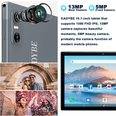 KADYBE Android 14 Tablet 10 Zoll, 64GB ROM (1TB TF),Tablet mit Tastatur Maus Stift, WLAN 6 Tablett PC | Octa-Core | Google GMS | 5+13 MP | 7000 mAh | 1080FHD | GPS- Grau