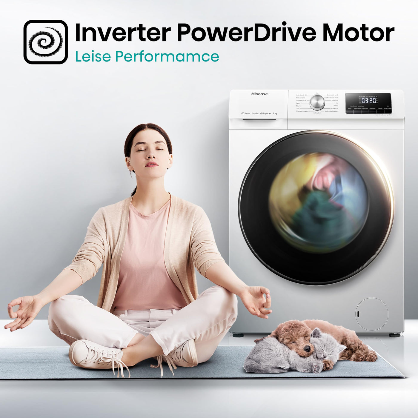 Hisense WFQA8014EVJM Waschmaschine mit Dampffunktion/ 8 kg/AquaStop/ 1400 U/min /15 Programme/Inverter PowerDrive Motor/Edelstahltrommel/Kindersicherung/Trommelreinigung/Weiß