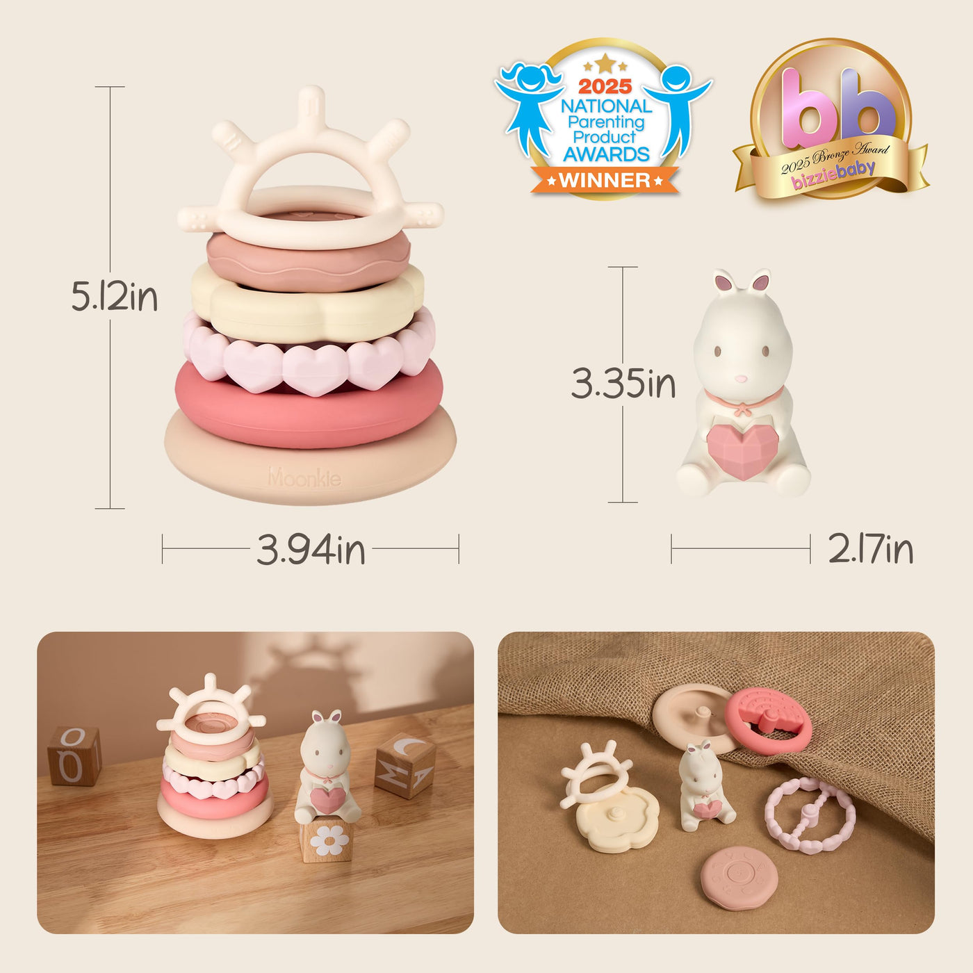Moonkie Hase Stapelturm Baby, Silikon Spielzeug mit Ringen, Stapelspiel für Kleinkind Mädchen ab 6 Monate 1 2 3 Jahr, Beißring Baby, Sensorik Montessori Spielzeug, 7 Teiliges Set, Babygeschenke