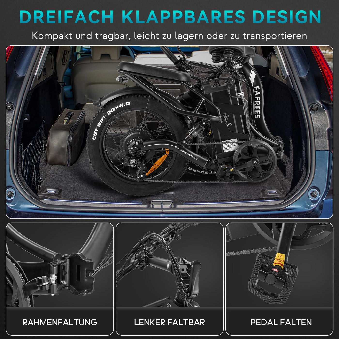 Fafrees F20 X-MAX E Bike Elektrofahrräder 20 Zoll, 48V 30Ah Akku, 4.0 Fat Tire Klapprad E-Bike, 65 N.m Motor, Lastkapazität 150 kg (Grau)