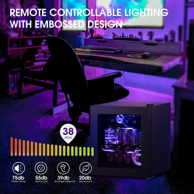 HCK 48L Mini Kühlschrank mit Glastür Leise 39dB, Cyberpunk Getränkekühlschrank mit Fernsteuerbaren RGB LED Lichtern, Flaschenkühlschrank, Mini Fridge 0-15°C für Gaming Deko, Minibar, Schwarz