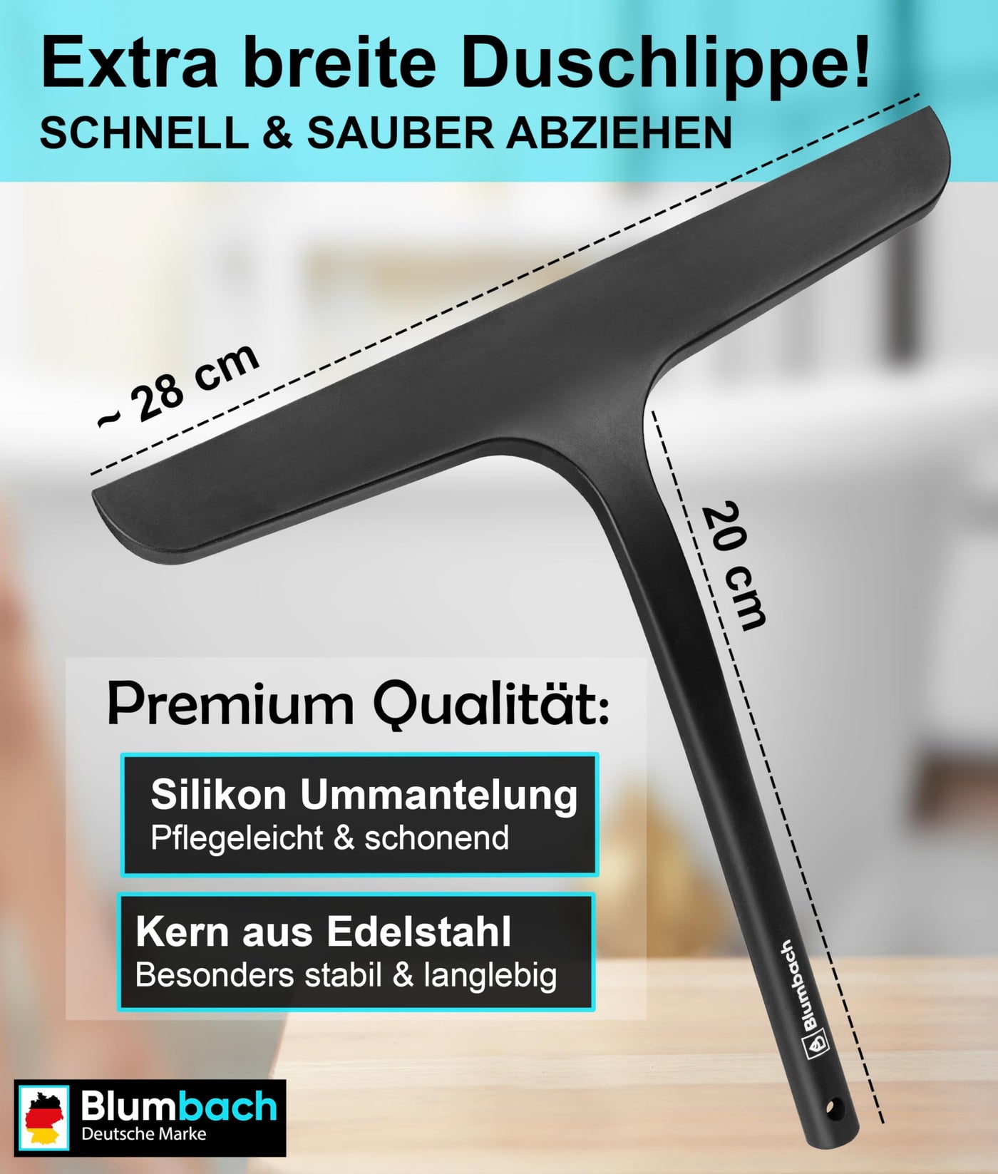 BLUMBACH® Duschabzieher schwarz, Abzieher Dusche mit Halterung 28 cm breit, Fensterabzieher Silikon mit Edelstahl Kern, Dusch Abzieher Wischer, Duschwand Abzieher, Flitsche Dusche, Glasabzieher,