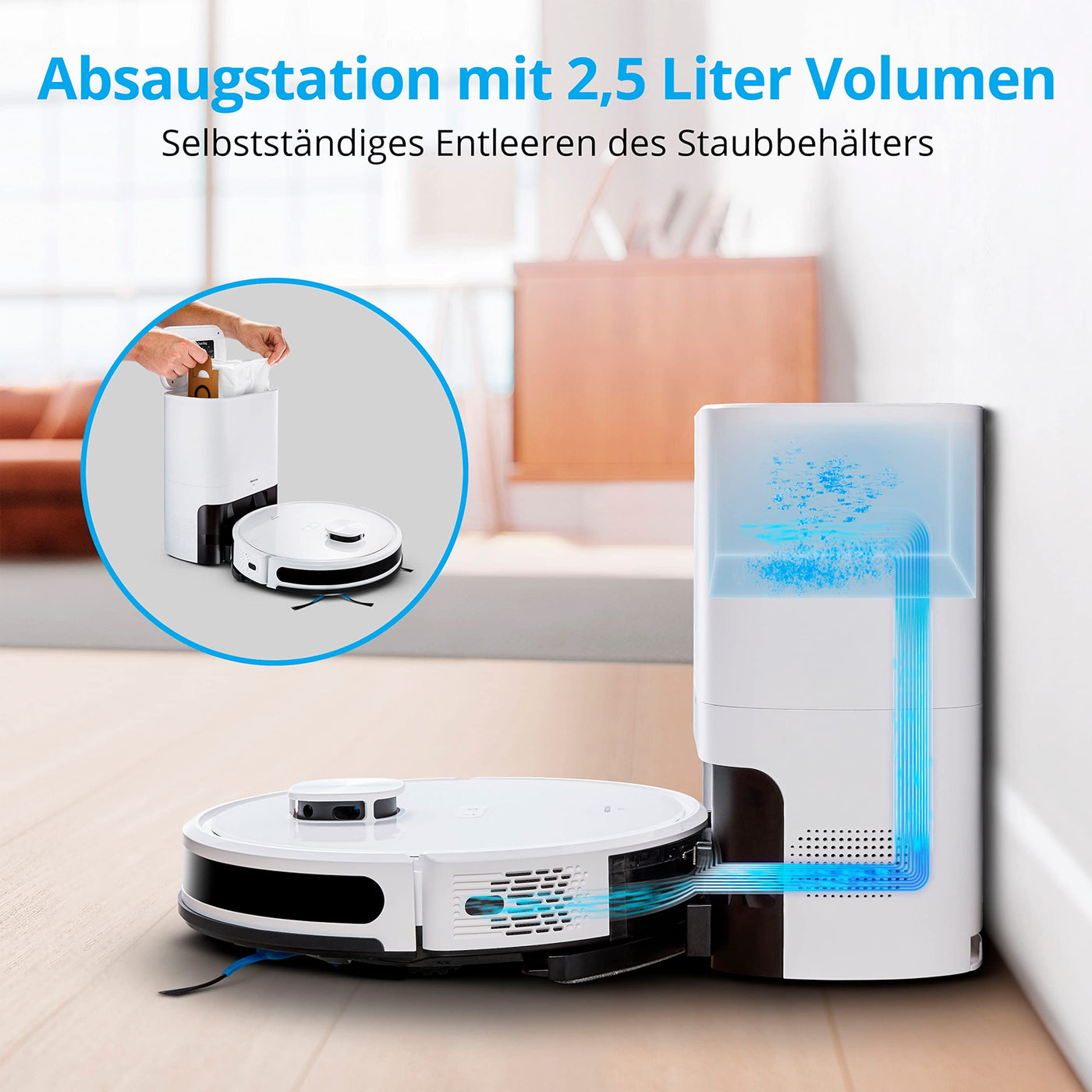 MEDION Saugroboter mit Absaugstation und Wischfunktion X20 SW+ (Lasernavigation, Starke 3000Pa Saugkraft, 2in1 Roboterstaubsauger, präzise Kartenerstellung, Go & No Go Bereiche, mehrere Etagen)