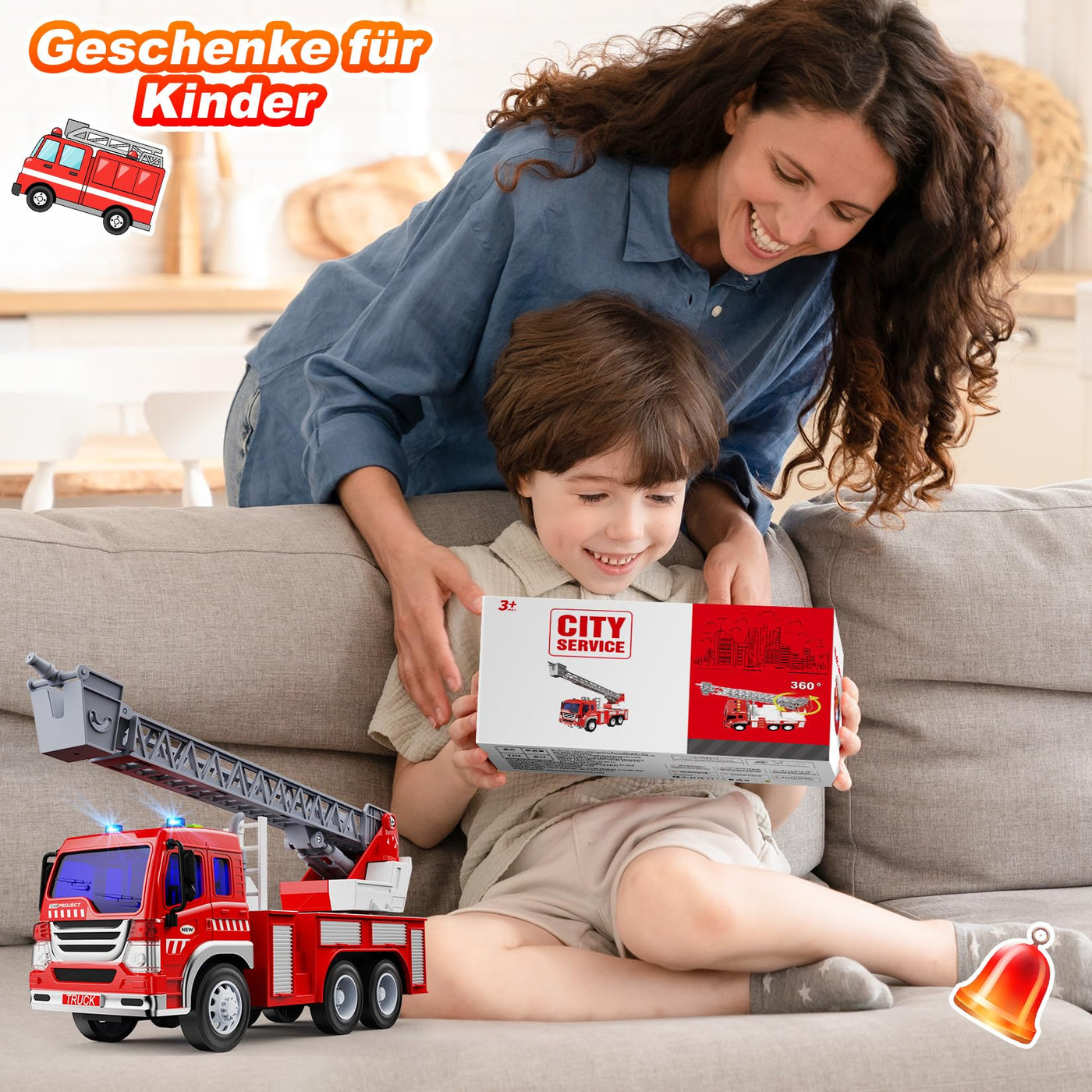 GizmoVine Feuerwehrauto Groß, Feuerwehr Auto Spielzeug mit Drehleiter, Sound und Licht, Große Spielzeugauto, Fire Truck Fahrzeuge, Geschenke für Jungen, Kinder Löschfahrzeug ab 3 4 5 6 7 8 Jahre