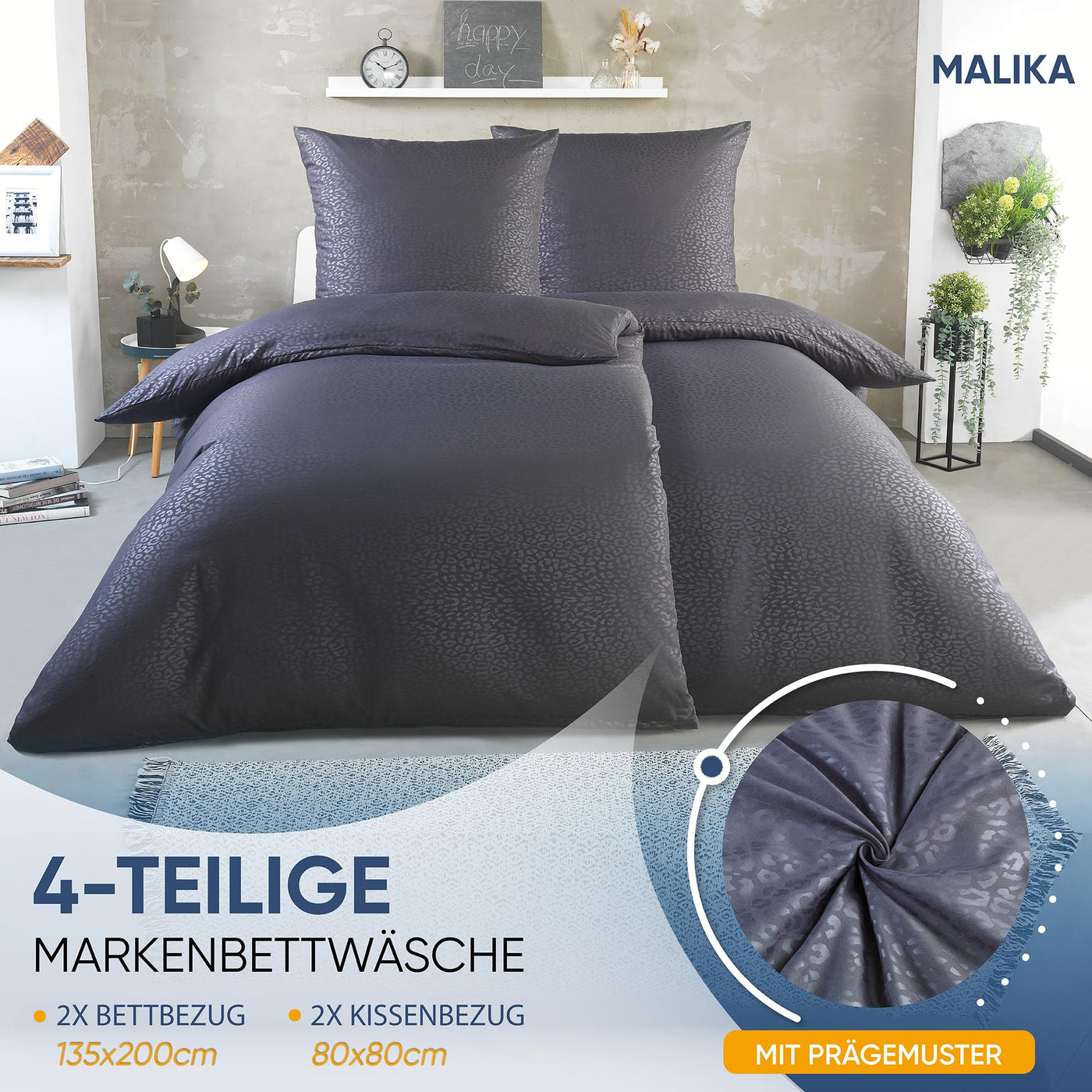 MALIKA® Bettwäsche Prägedruck 135x200 4 teilig | ÖkoTex Zertifiziert & für Allergiker geeignet |Bettwäsche Set mit je 2 Bettbezügen 135 x 200 & 2 Kissenbezügen 80x80